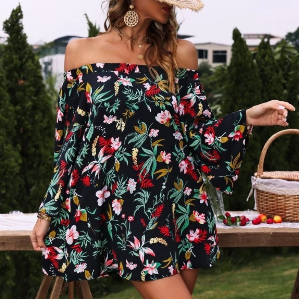 Off Shoulder Dress Tropical Print - Picture 6 of 6